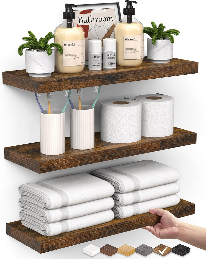 Rustic Brown Bathroom Floating Shelves, 15.7in, 3Pk, Wall Mount Shelf | 22lbs Max Load, Hidden Bracket, Bedroom
