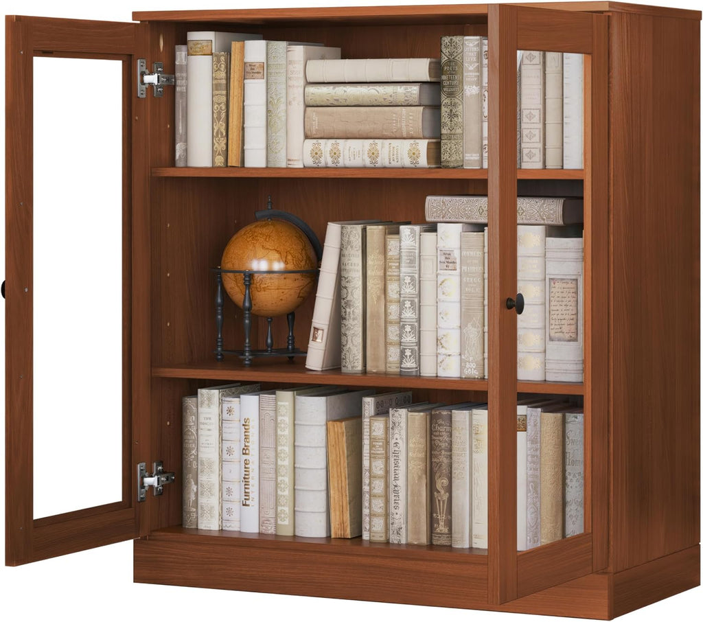 Solid Wood Bookcase - 32" Wide x 36" Short - Mocha, Wooden Bookshelf - Small Display Cabinet, Bookcase with Glass