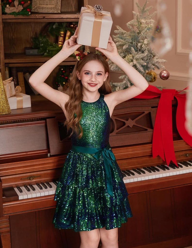 Girls Halter Neck Sparkly Sequin Party Formal Fancy Dress