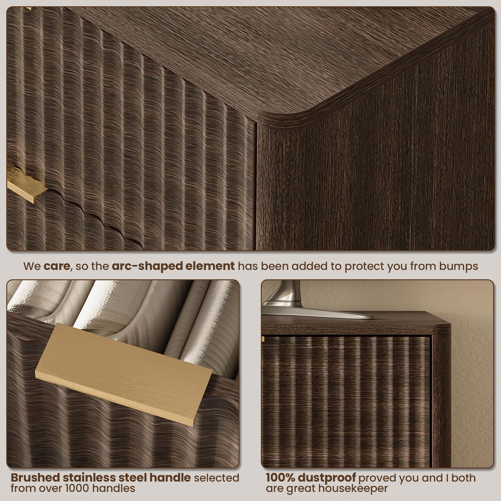 47" Wide Fluted 6 Drawers Dresser, Curved Edge, Walnut