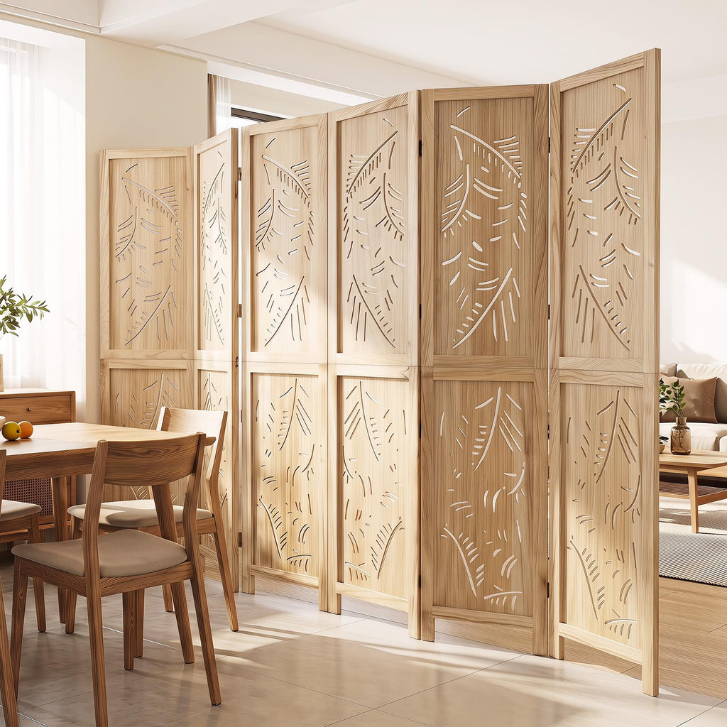 6 Panel Boho Room Divider with Carved Palm Leaf Pattern, Natural