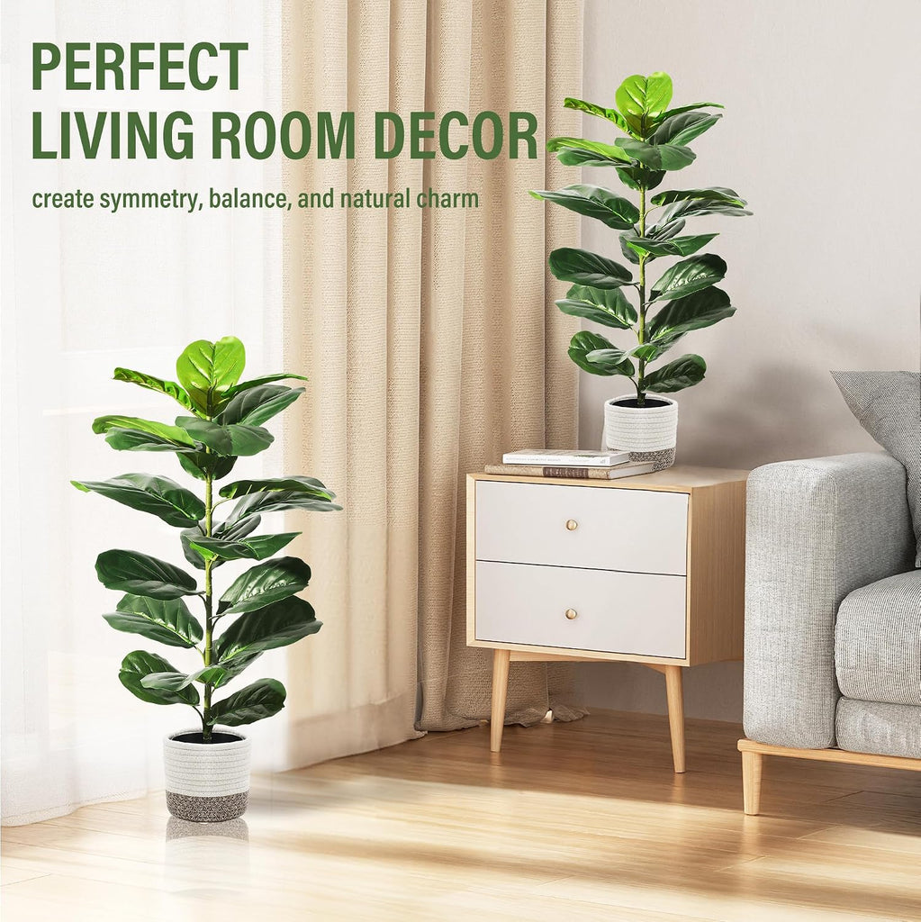Faux Fiddle Leaf Fig Trees with Cotton Rope Basket, 30 Inches - Set of 2
