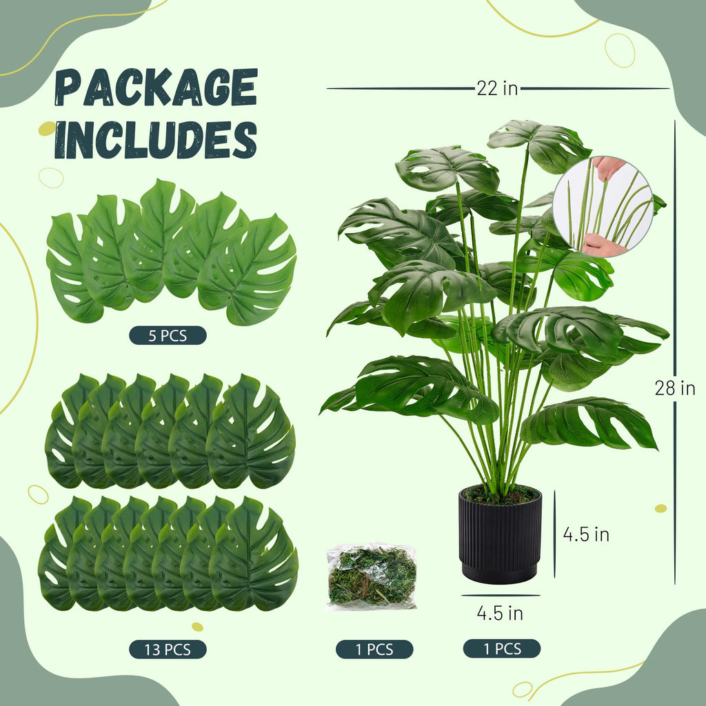 28" Fake Plants, Monstera Floor Plant, Black Pot Decor