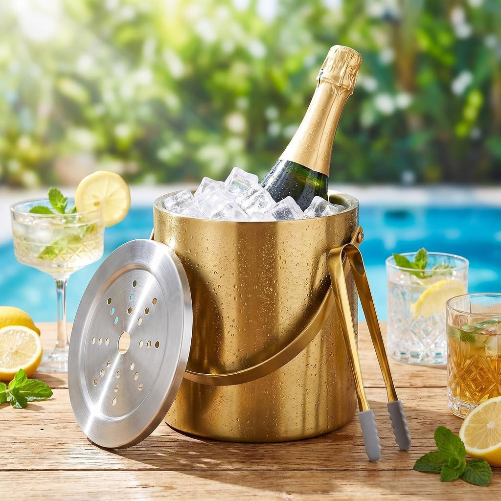 3L Gold Ice Bucket with Lid & Tong, Double Wall Wine Chiller