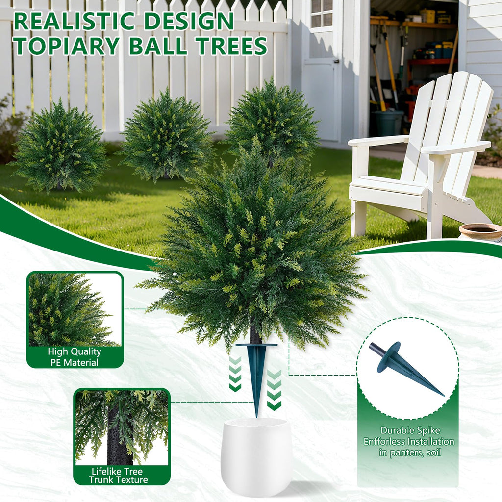 Artificial 4 Pack Cedar Topiary Trees with Ground Spike for Porch Decor
