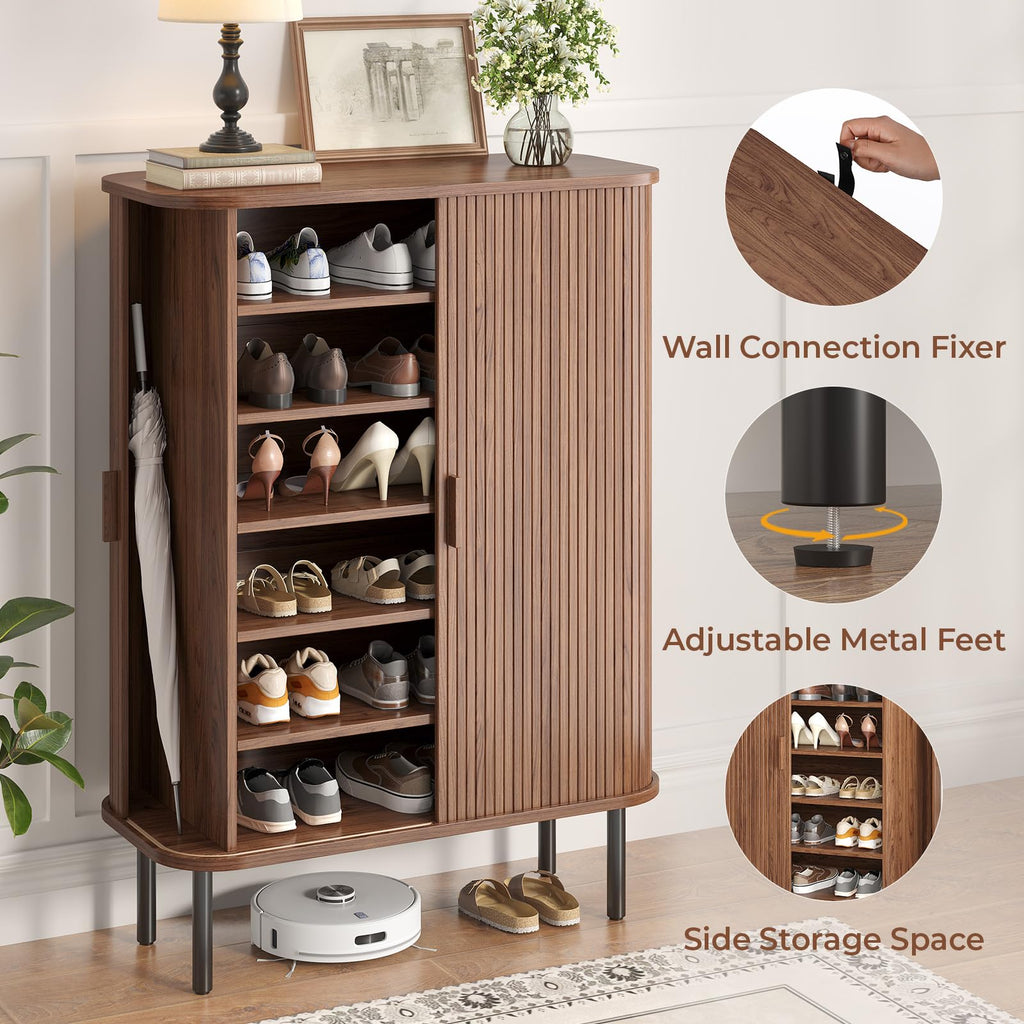 6-Tier Shoe Storage Cabinet with Sliding Door Walnut