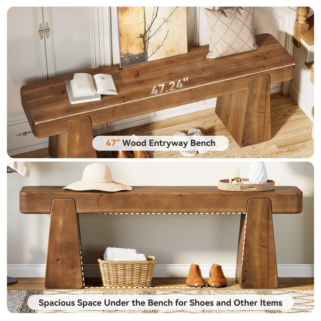 Solid Wood Bench, 47-Inch Farmhouse Wood Entryway Bench with Thickened Legs, Narrow Indoor Wooden Bench for Entry