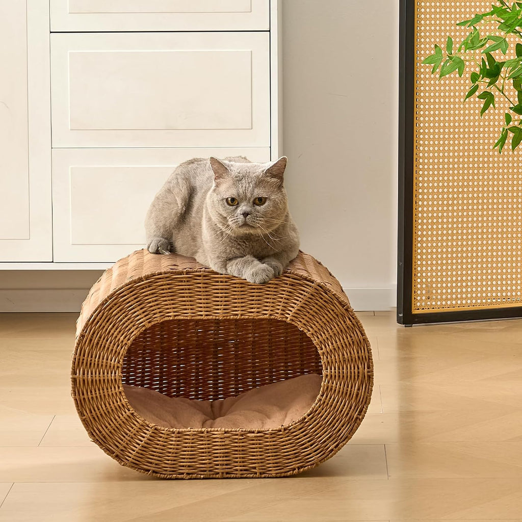 Cat House, Handwoven Cat Cave Pet Cube, Rattan Cat Beds Indoor Kitten House with Double-Sided Soft Cushions, Pet Cat