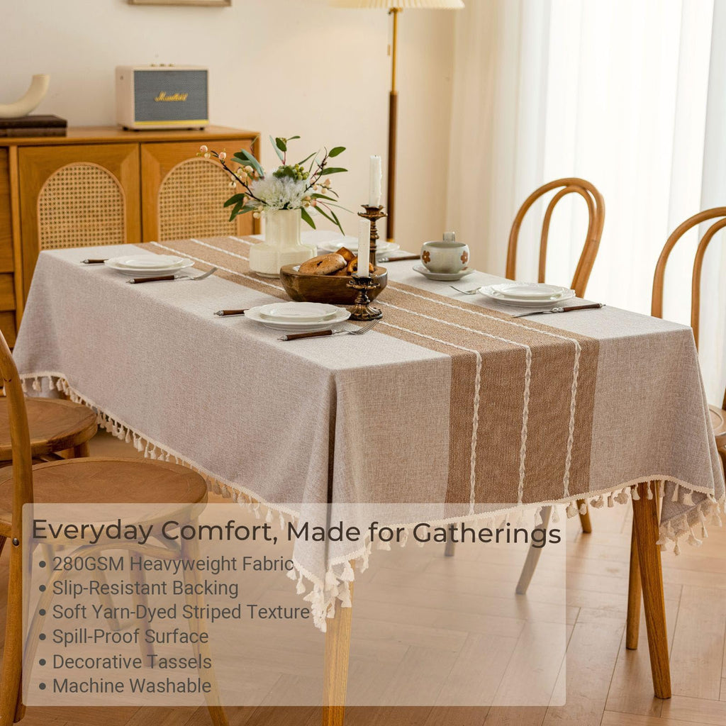 Waterproof Outdoor Rectangular Tablecloth, Khaki Stripe, 55 x 102 Inch