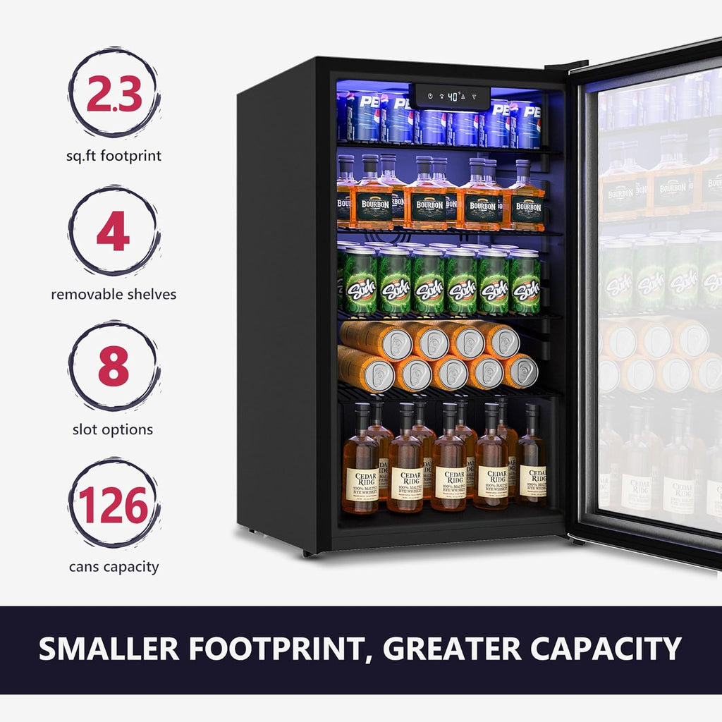 Beverage Refrigerator Cooler - 126 Can Mini Fridge with Glass Door for Soda Beer