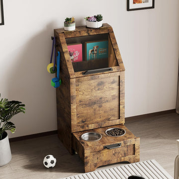 Top Opening Dog Feeding Station, Wooden Dog Food Storage Cabinet with 2 Elevated Dog Bowls, 3 Hooks, Hidden Design