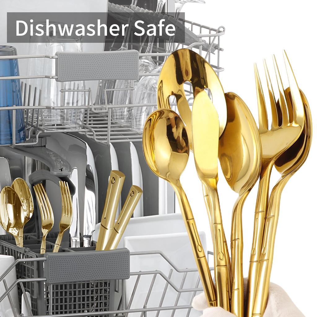 Silverware Serving Set Gold Flatware Set Stainless Steel Bamboo Handle Cutlery Set Mirror Polished 65 Pieces Kitchen