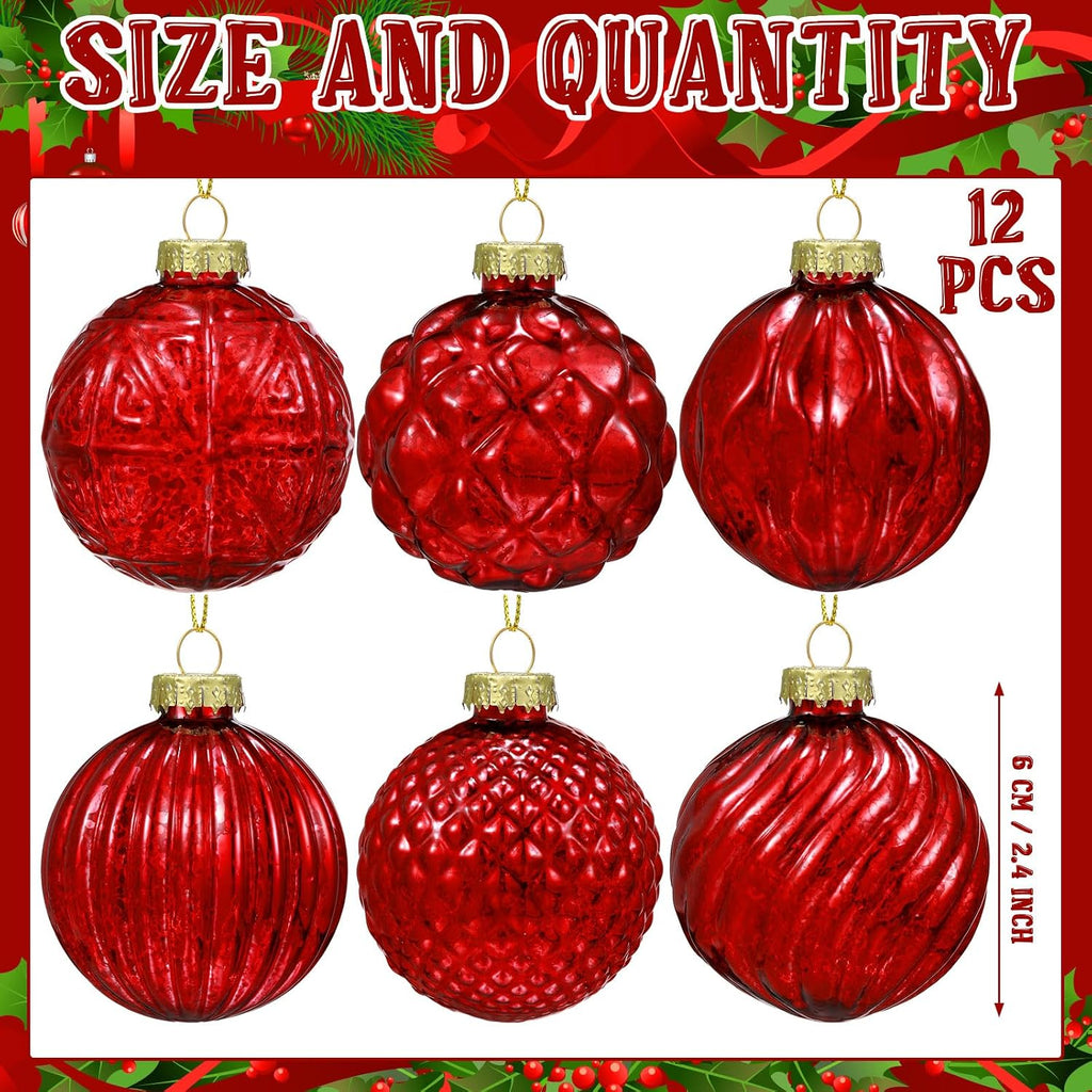 Christmas Red Glass Ball Ornaments, Tree Decoration - Set of 12