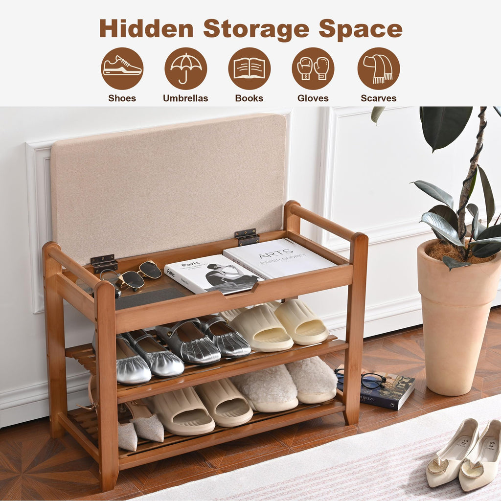 27.6in Shoe Rack with Storage Bamboo Entryway Bench with Drawer & Hooks