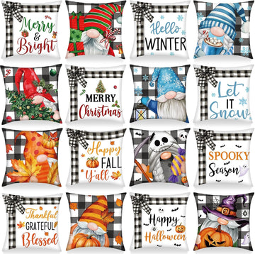 Winter Pillow Covers 18 x 18 Inch Holiday Gnome Throw Pillow Covers Winter Christmas Seasonal Pillowcases - Set of 16