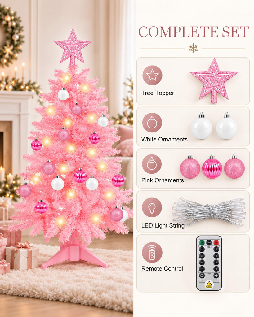 Pink Christmas Tree 3ft Small Christmas Tree Artificial Mini Xmas Tree for Tabletop, Home, Office
