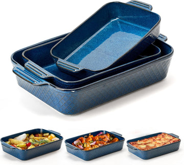 Ceramic Dish Set of 3, Casserole Dishes for Oven, Square Porcelain Bakeware Set with Handles, Lasagna Pan for