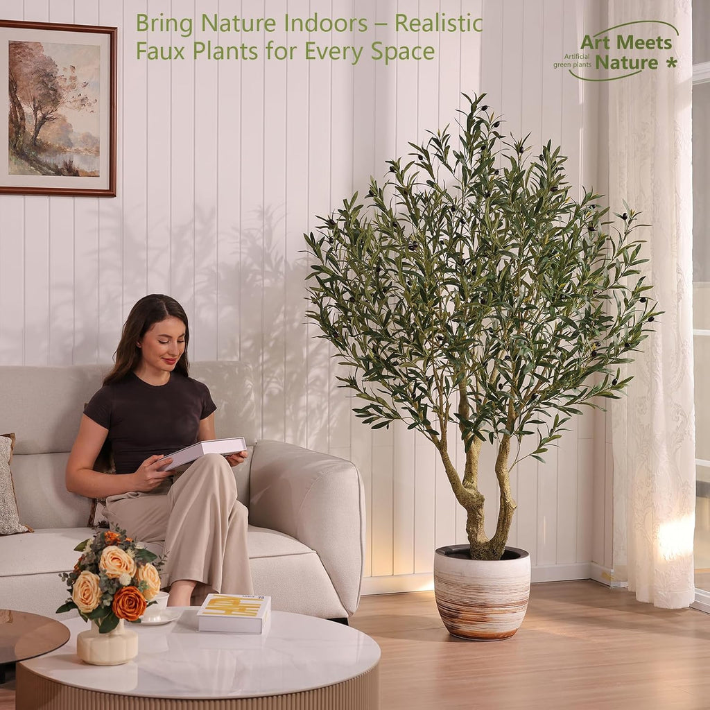Olive Tree Artificial Indoor 8ft - Large Fake Plants - Realistic Faux Olive Tree in Pot - Tall Artificial Plants