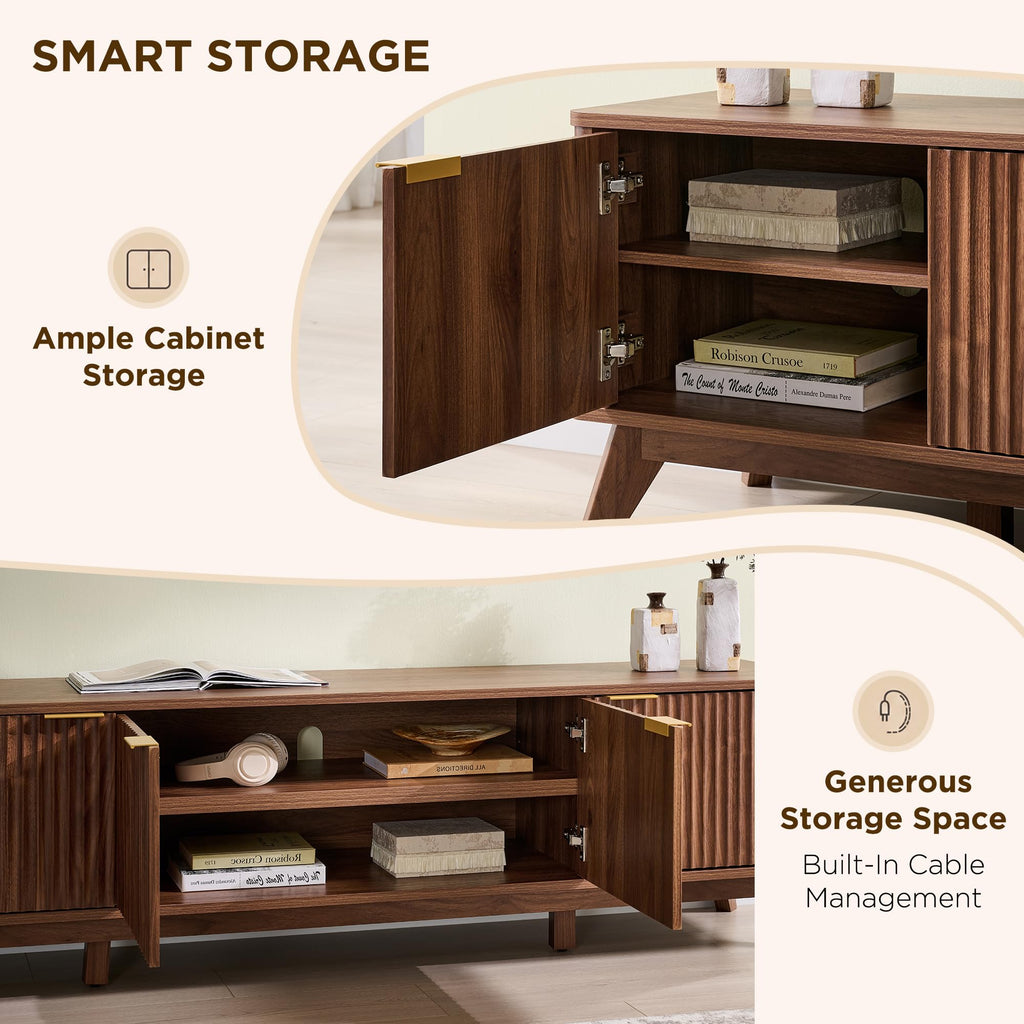 70" Mid Century Modern Fluted TV Stand, 4-Door Storage, Light Walnut