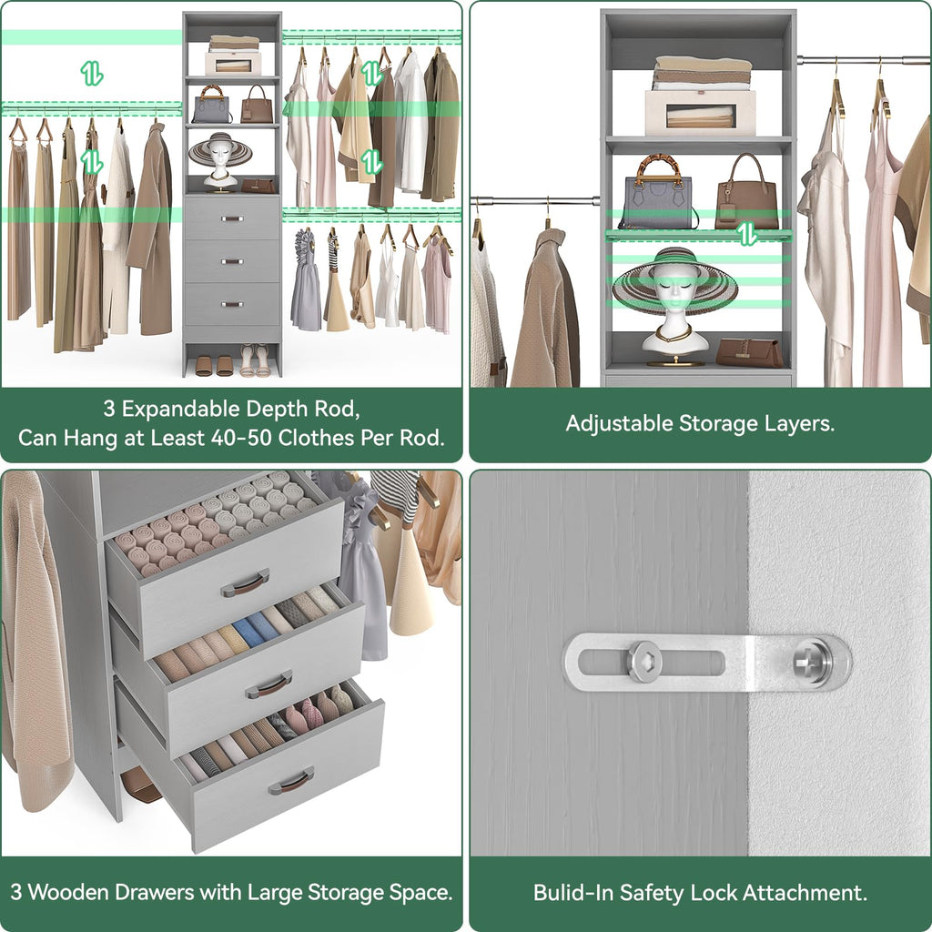 96'' Closet Organizer System with 3 Hanging Rods, 8FT Closet Organizers and Storage with 3 Wooden Drawers, Built in