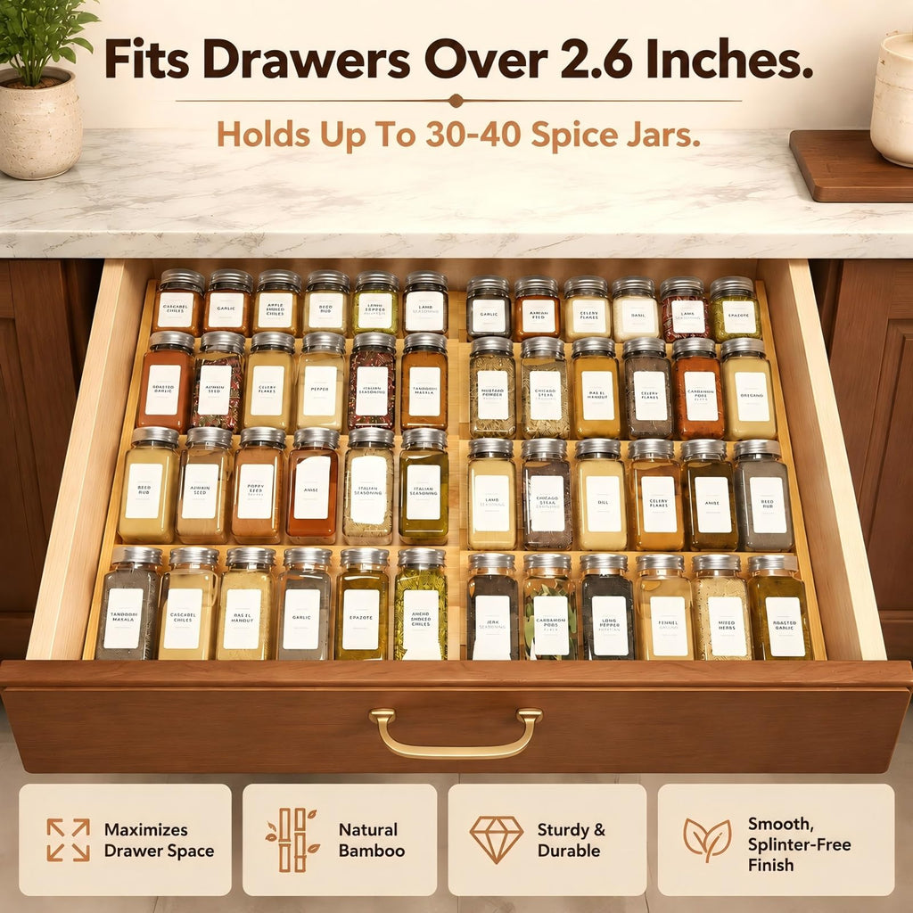 Bamboo Spice Drawer Organizer Expandable(Fits 2.6" Deep or Deeper Drawers), 4-Tier Spice Rack Drawer Insert