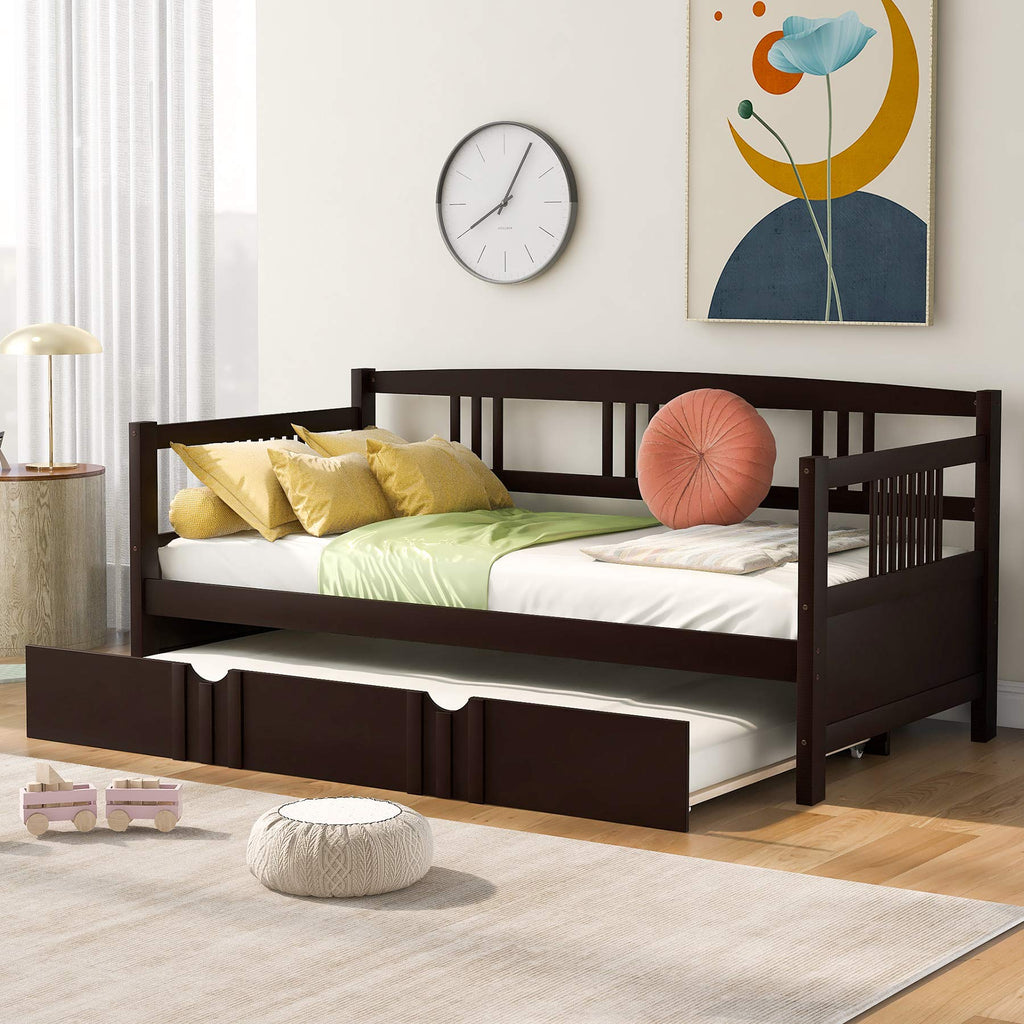 Twin Wood Daybed with Rails, Twin Bed Wooden Slats Support Modern Living Daybed with Trundle Bed, Espresso