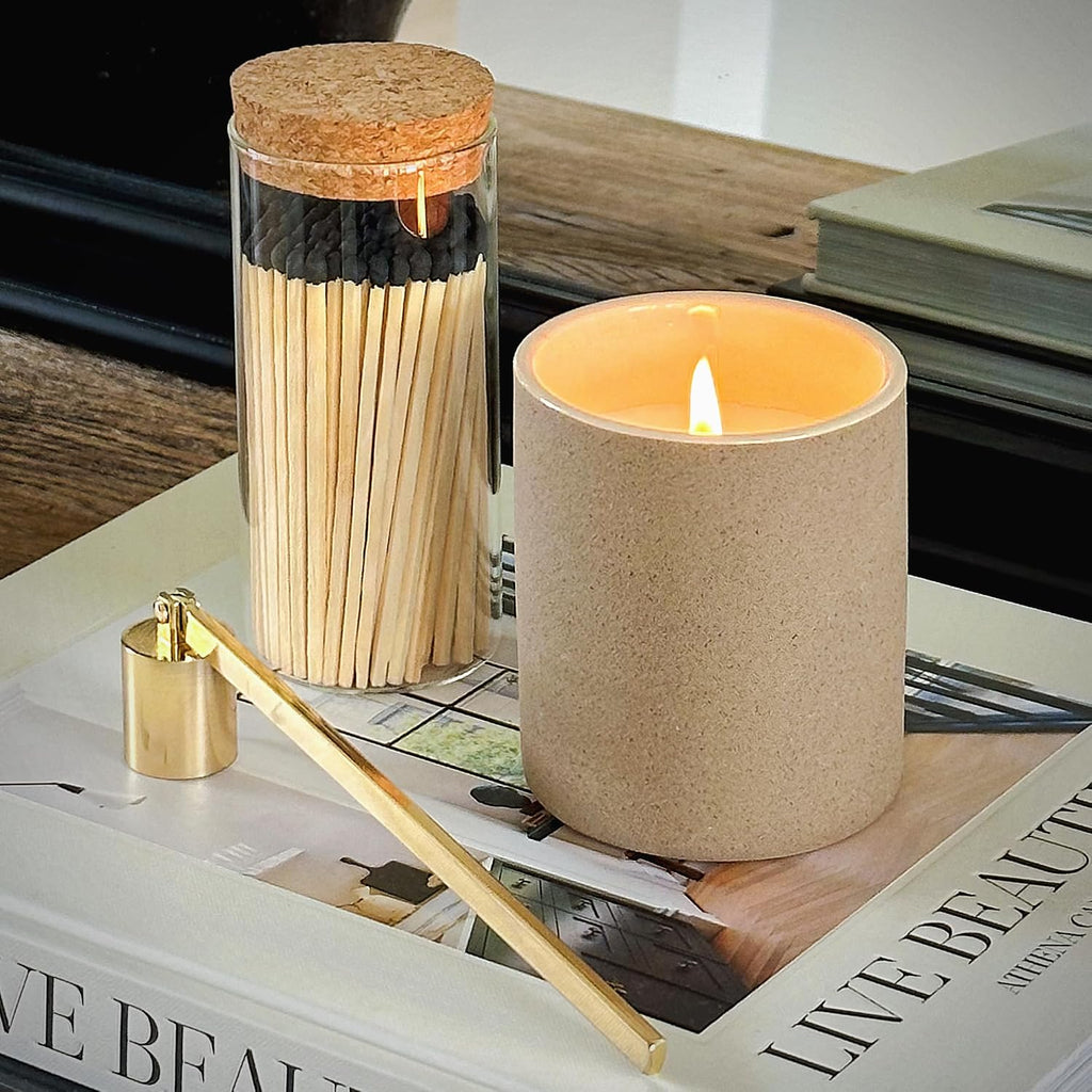 Decorative Matches in a Glass Jar | 4" All Black Long Matches (100 Match Sticks) + Cork Top Glass Holder + Striker