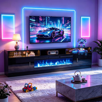 80" Fireplace TV Stand with Power Outlet for TVs UP to 90", Electric Fireplace Entertainment Center with LED Lights &