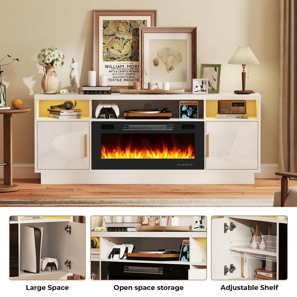 70" for TVs Up to 80" with 36" Electric Fireplace Heater LED Light Media Console Storage Cabinet, White Entertainment