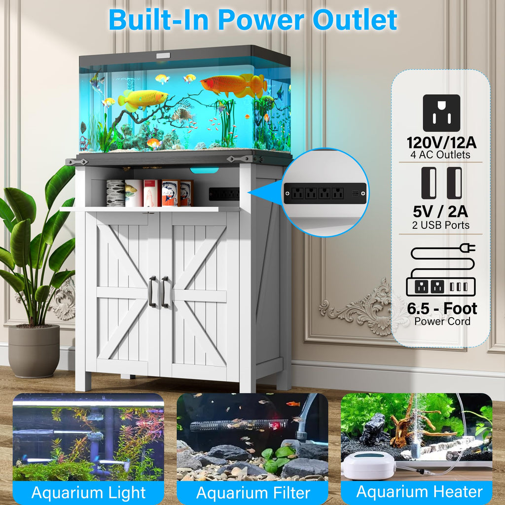 20 Gallon Fish Tank Stand with Power Outlets, Farmhouse Decorative Aquarium Stand Furniture with Adjustable Shelves