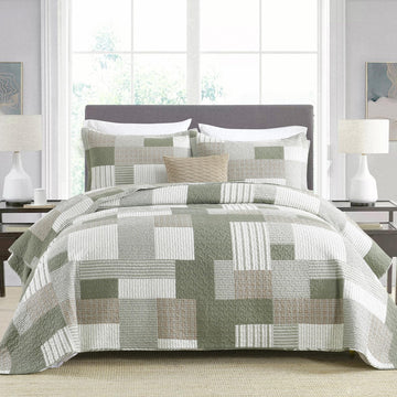 Quilt Set, 100% Cotton Comforter Set, Farmhouse Patchwork Quilt Bedding Set, Plaid Lightweight
