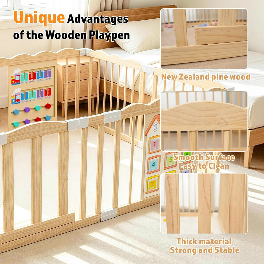 Wooden Baby Playpen with Built-in Activity Panel, 50x65x24In | Large Adjustable Natural Pine Wood Play Pen with