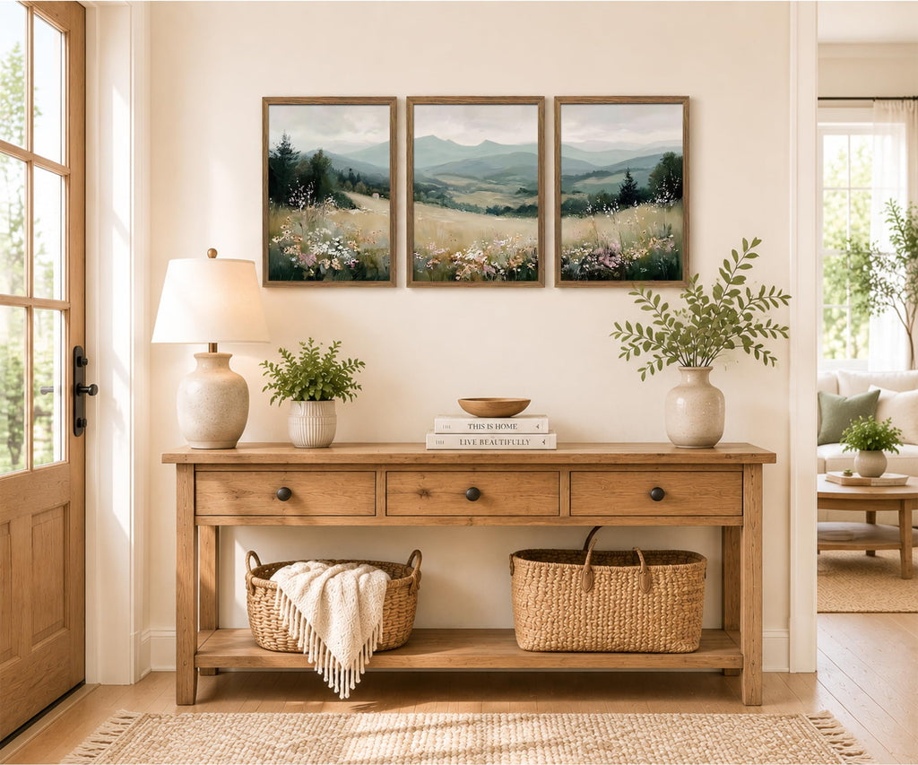 Minimalist Mountain Triptych Wall Art Set of 3, Foggy Wildflower Canvas