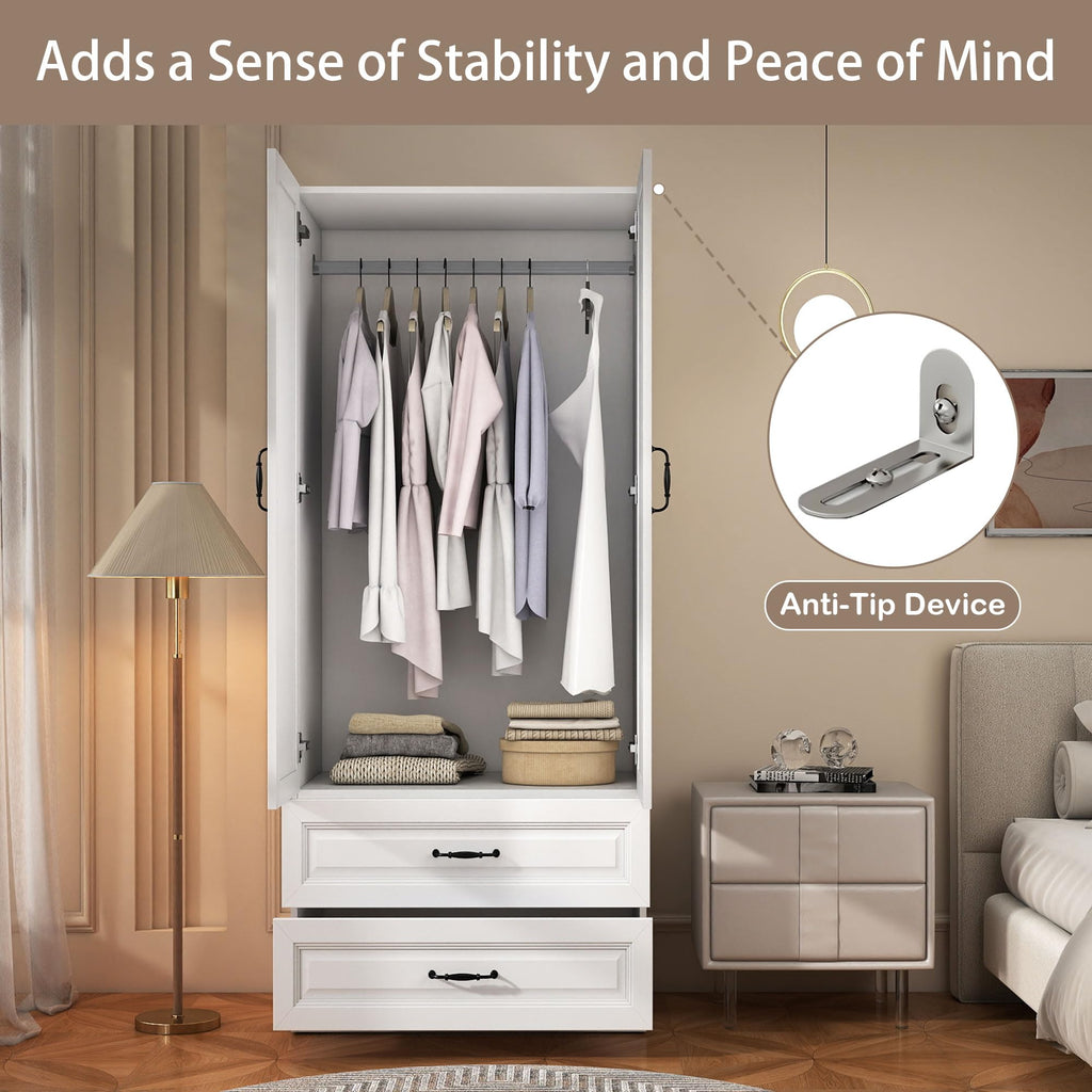 White Armoire Wardrobe Closet with 4 Drawers, 75" Tall x 63" Wide