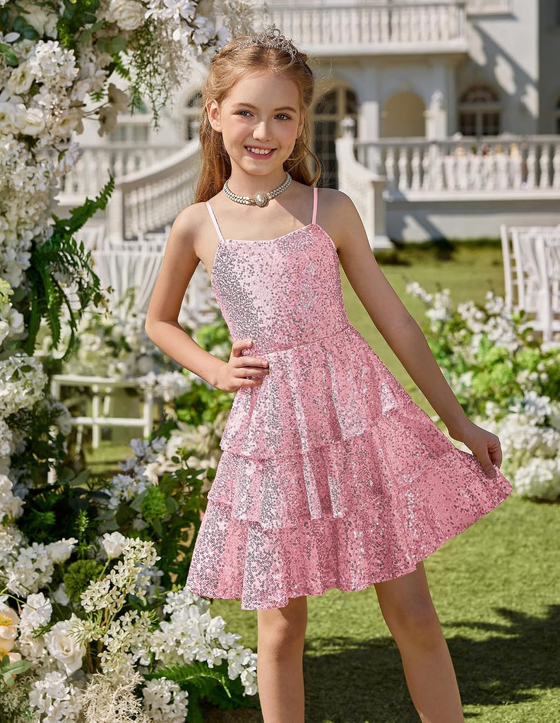 Girls Sequin Formal Dresses Kids Party Special Occasion Fancy Dress Tie Back 3 Layer Prom Graduation Outfits