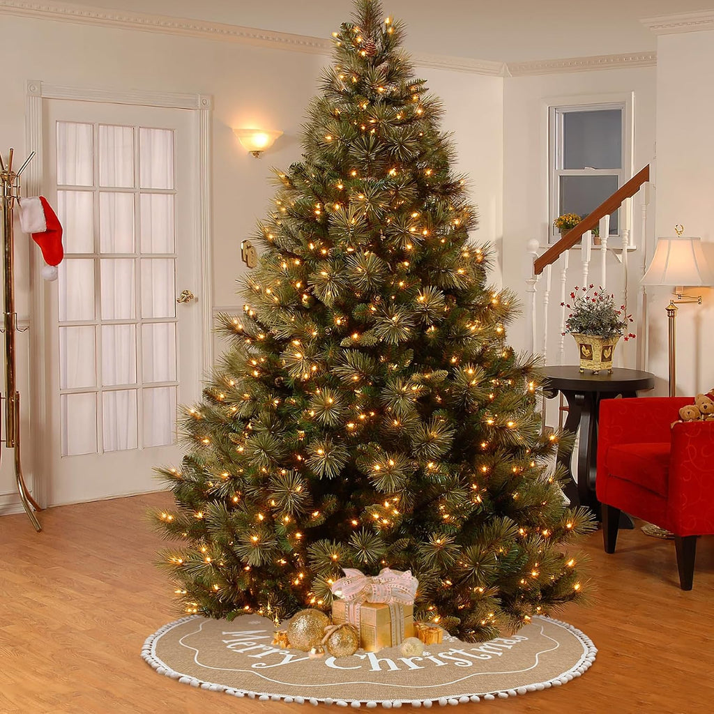 Farmhouse Christmas Tree Skirt 48 inches with White Pom Pom