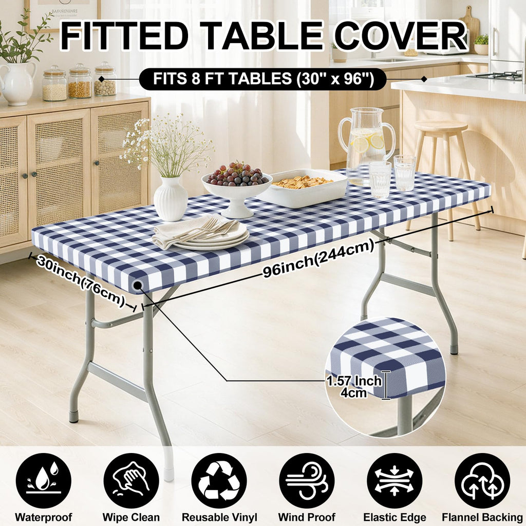 8 Foot Picnic Table Cloth, Flannel Backed Fitted Vinyl tablecloths