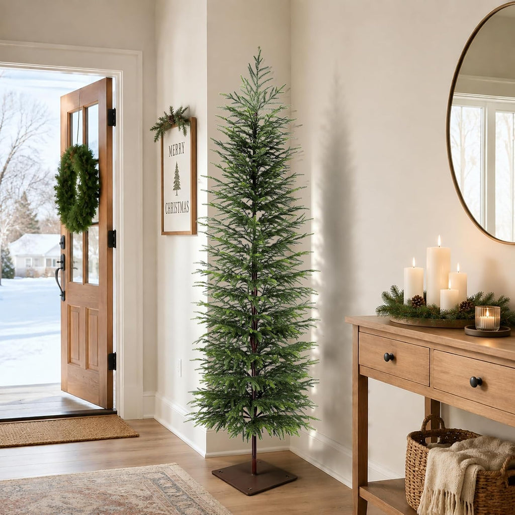 7FT Unlit Artificial Norfolk Pine Tree, Real-Touch PE Material, Family & Pet Friendly, Faux Slim Christmas Tree