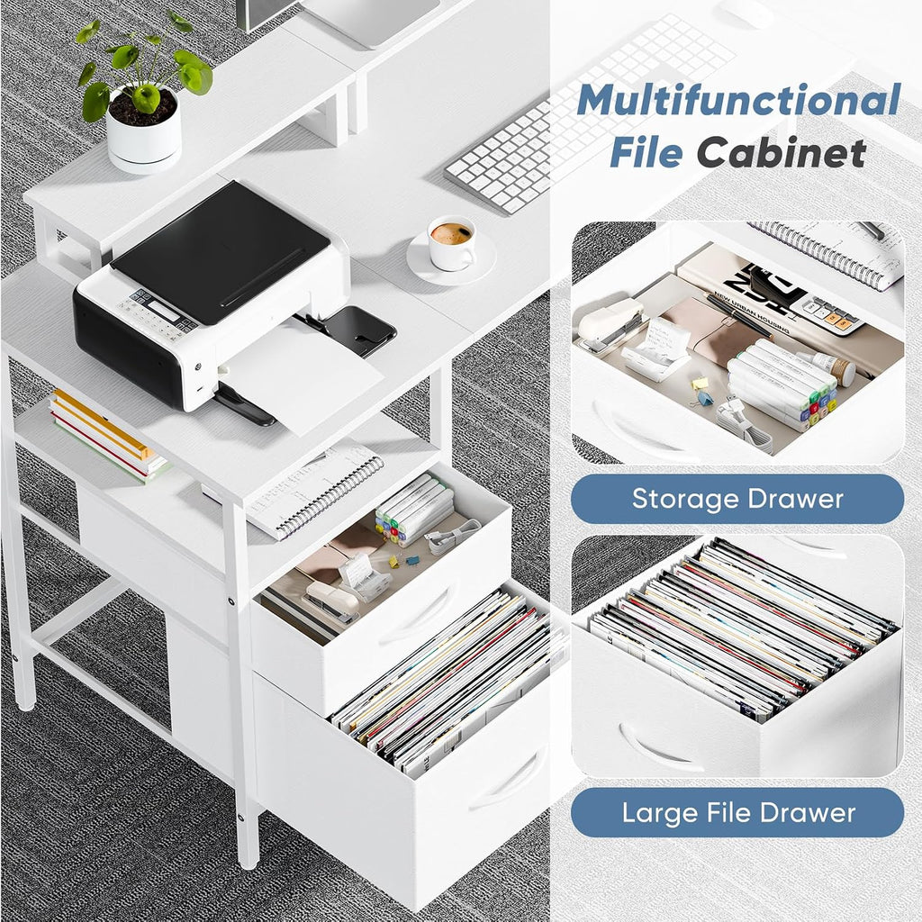 62" L Shaped Desk with Drawers and Power Outlet, White | Reversible Computer Desk with 2 Monitor Stands and Storage