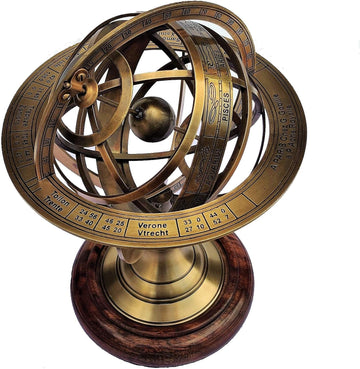 Antique Brass 11" Armillary Sphere Globe Astrolabe Zodiac Engraved Celestial Globe Wooden Base
