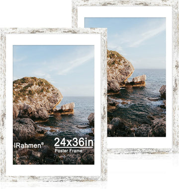 24x36 Poster Frame Set of 2 with Plexiglass, Distressed White Wood Frames Display 20x30 Picture with Mat or 24 x 36