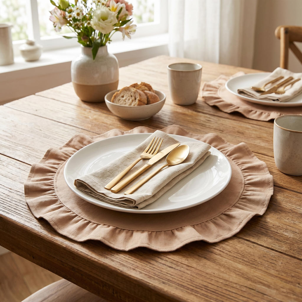 Round Ruffled Linen Blend Placemats, 15 Inch Scalloped Table Mats, Set of 4