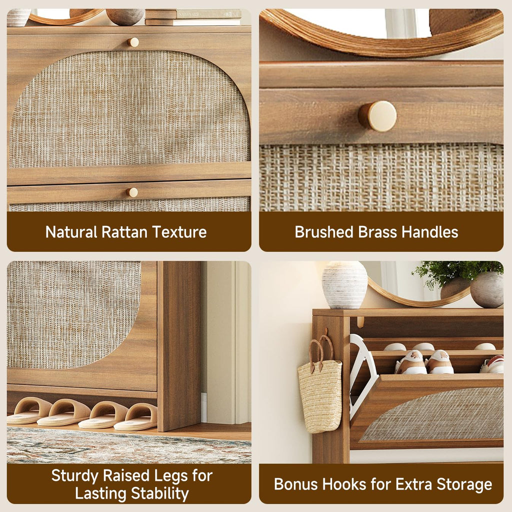 Shoe Storage Cabinet, Modern Walnut Shoe Cabinet with Tiered Fluted Design, 9.5" Slim Shoe Rack for Small Spaces