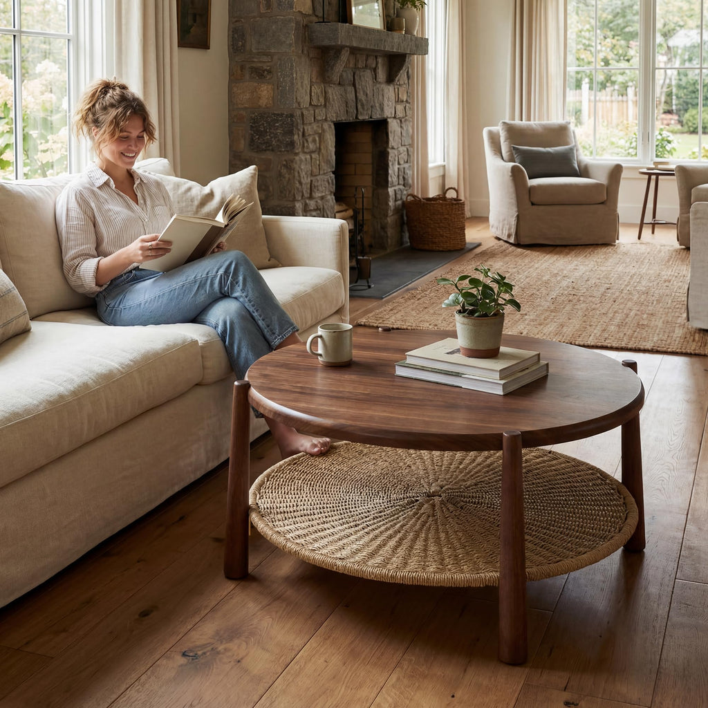 Round Coffee Table with Woven Storage Shelf, Walnut Brown