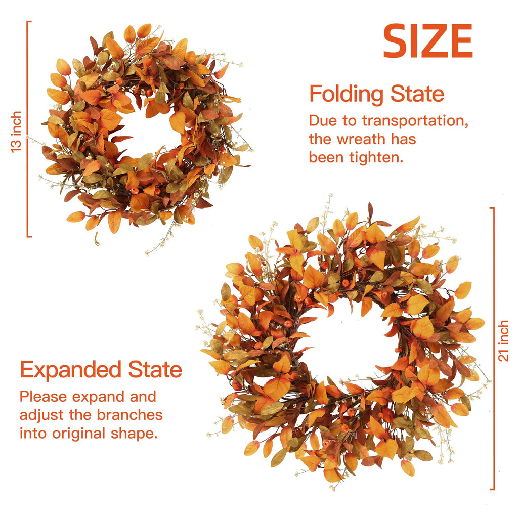 Artificial Fall Wreath 21'' Autumn Front Door Wreath with Fall Leaves Small Pumpkins Cluster of Berries for Outside