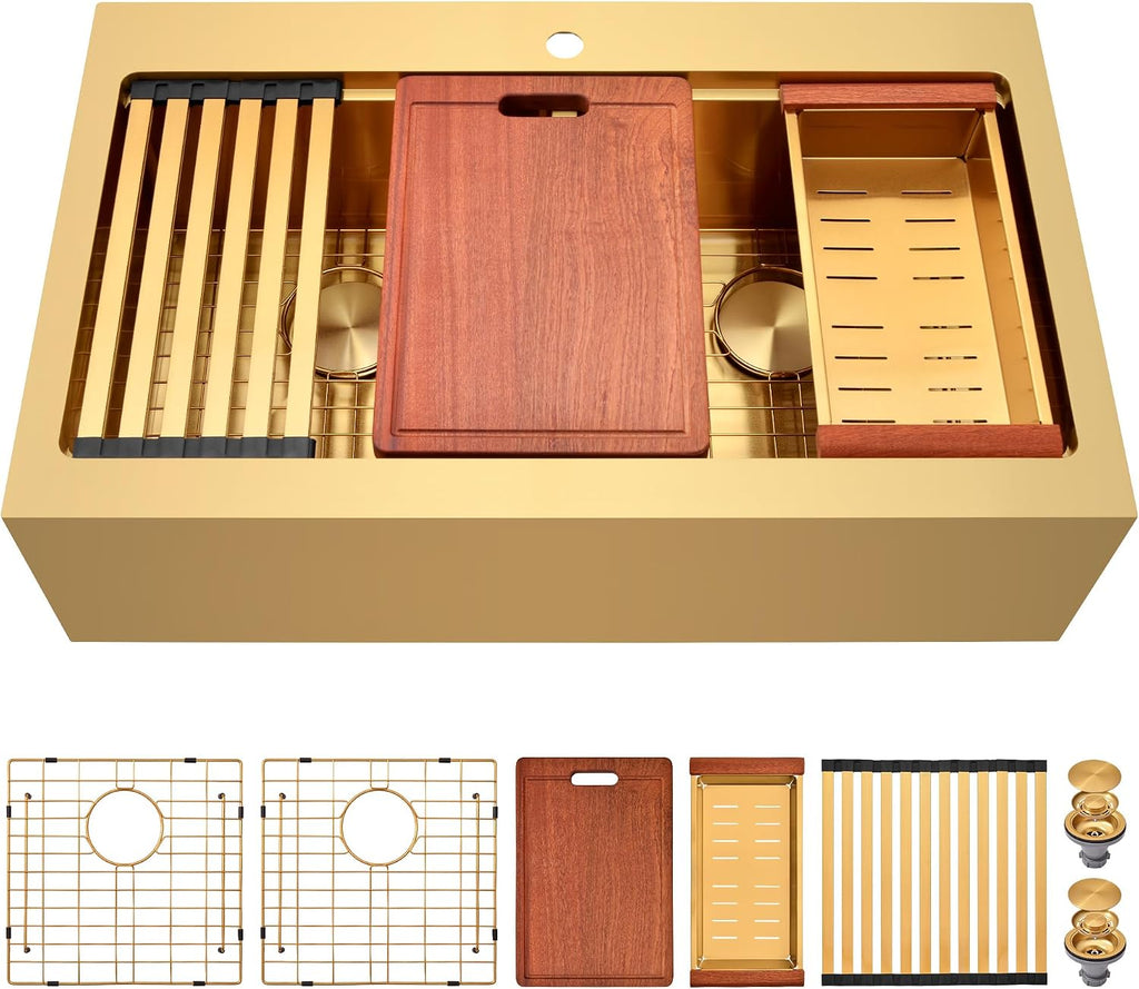 Gold Double Bowls Kitchen Sink, 33" x 22" Drop Sink, 50/50 Double Bowls Farm Sink, 16 Gauge Stainless Steel