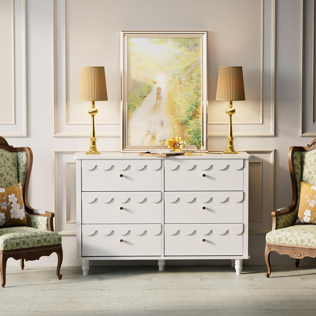 Nursery Chests and Dresser for Kids Bedroom Wood Scalloped 6 Drawer Dresser, Dressers & Chests of Drawers with Metal
