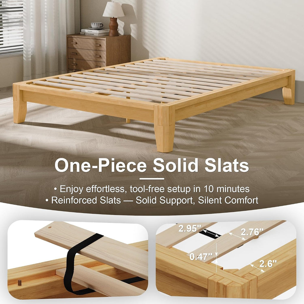 Queen Solid Bamboo Bed Frame, Japanese Joinery Platform Bed Frame(Natural)
