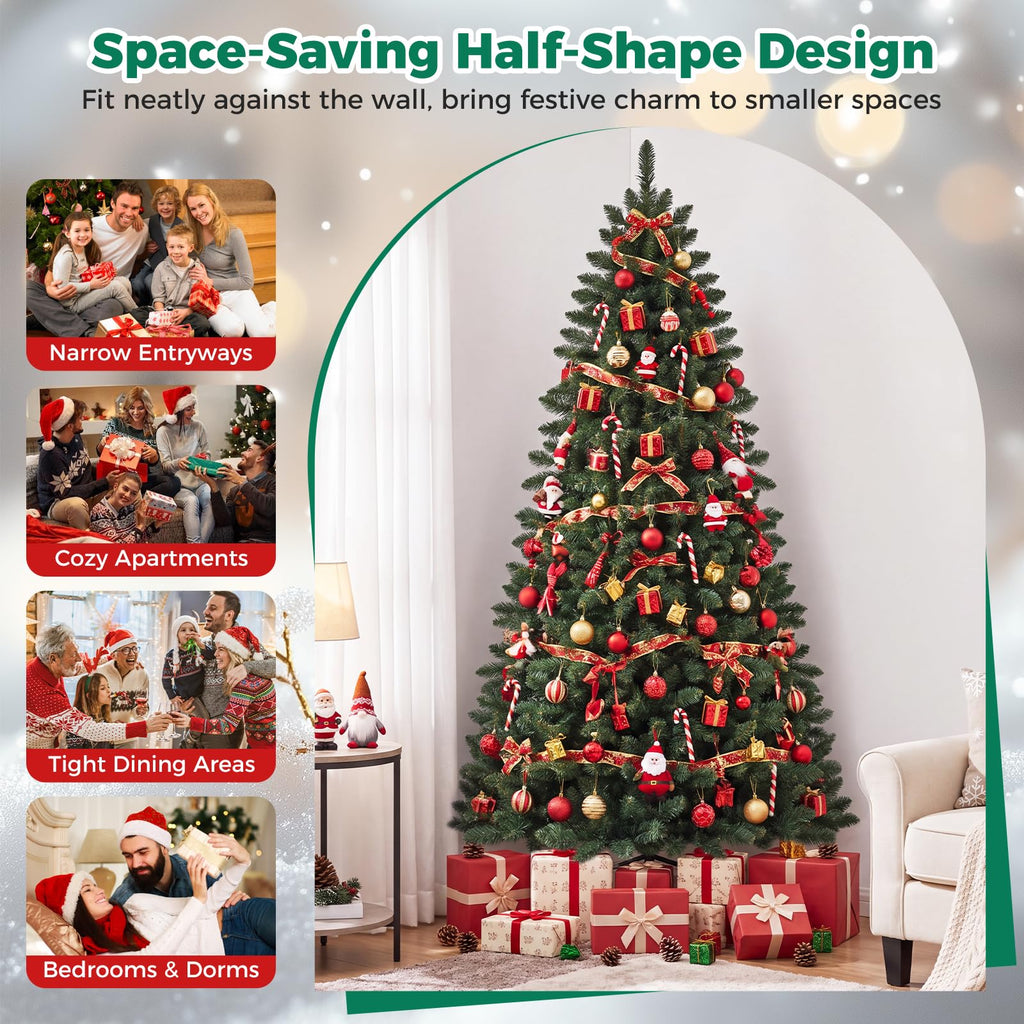 7 FT Artificial Pre-Lit Half Christmas Tree for Wall and Corner