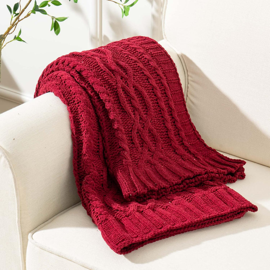 Christmas Dark Red Throw Blanket for Couch, Bed, Sofa, 51"x67", Woven Chenille Knit Throw Blankets, Gift Blanket
